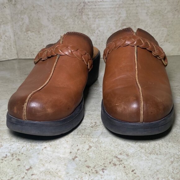 Brown Leather Slip-On Clogs Braided Strap Casual Comfort Boho Festival Indie - Picture 3 of 9